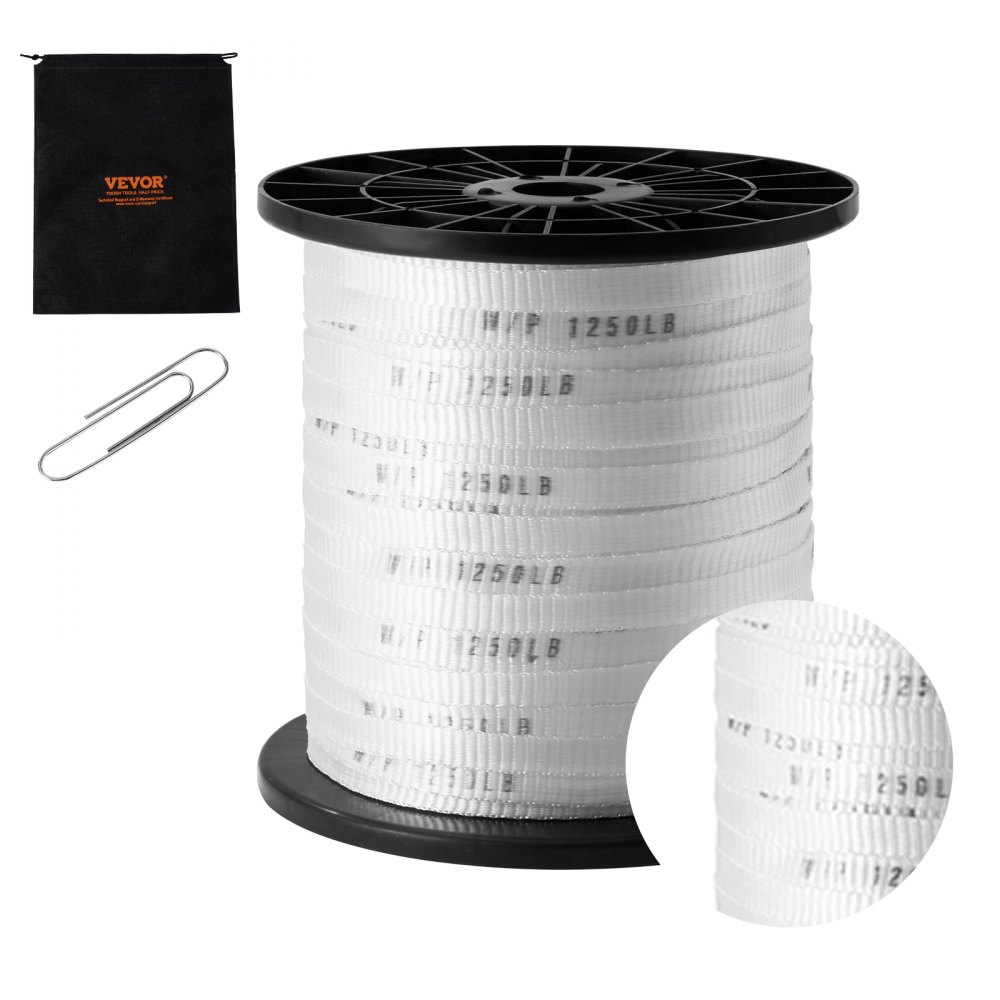VEVOR Polyester Pull Tape, 1/2" x 528' Mule Tape Flat Rope, 1250 lbf Tensile Capacity, Printed Webbing Cable Pulling Tape for Packaging, Gardening, Commercial Electrical, Conduit Work, White - DLLDB161M127MG4XHV0