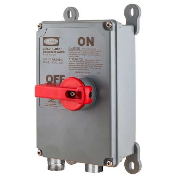 Dispositivos de cableado industrial Hubbell Wiring Device-Kellems, interruptores de desconexión rápida para motor, interruptor sin fusibles, tres polos, 30A 600V AC, con 2 receptáculos LINKOSITY pre-cableados - HBLDS3MQR2.