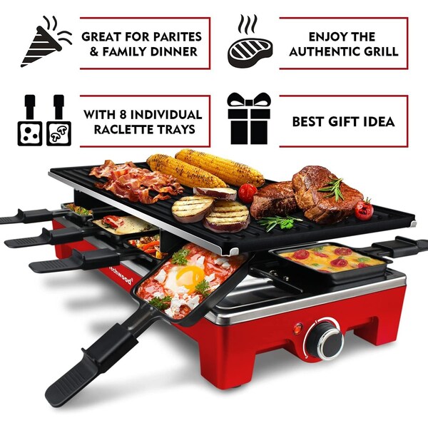 Cusimax 1500W Indoor Portable 2 in 1 Electric Raclette Grill- Red - CMRG-300R
