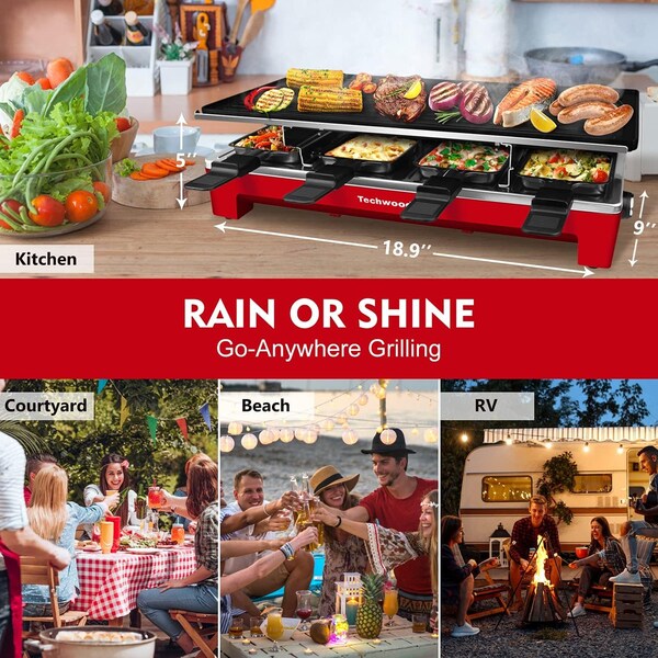Cusimax 1500W Indoor Portable 2 in 1 Electric Raclette Grill- Red - CMRG-300R