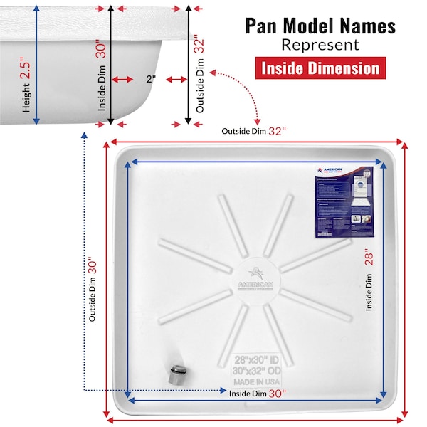 American Built Pro Washing Machine Drain Pan, 30 in x 28 in White Plastic Undrilled wDrain Hose Adapter, 3PK - WMSP-Und P3
