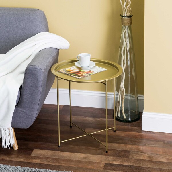 Home Basics Home Basics Foldable Round Multi-Purpose Side Accent Metal Table, Brushed Gold - ZOR96090