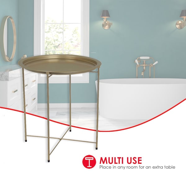 Home Basics Home Basics Foldable Round Multi-Purpose Side Accent Metal Table, Brushed Gold - ZOR96090