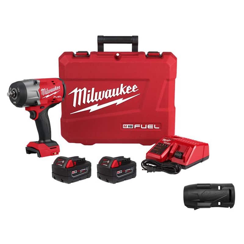 Llave de impacto inalámbrica Milwaukee M18 FUEL 18V de iones de litio sin escobillas de alto torque de 1/2 pulg. con anillo de fricción, kit con bota protectora - 2967-22-49-16-2967.