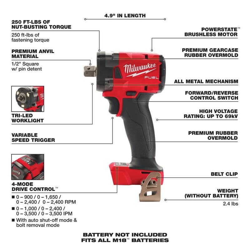 Llave de impacto compacta Milwaukee M18 FUEL GEN-3 de 18V con sistema de detención de pasador sin escobillas de 1/2 pulg. de iones de litio (solo herramienta) - 2855P-20