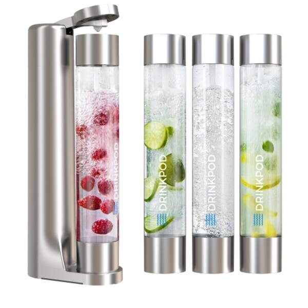 Drinkpod FIZZPod One Touch Sparking Soda Maker Machine with 3 Bottles- Silver - DPFZPOD1KS
