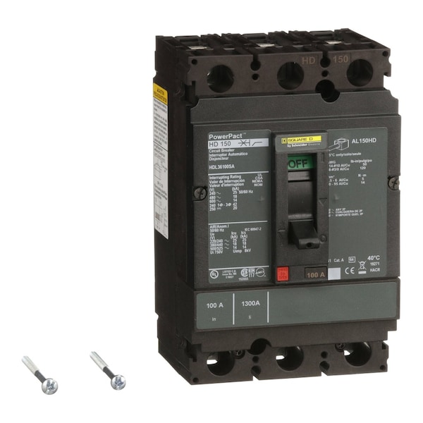 Square D Molded Case Circuit Breaker, HDL Series, 100A, 3 Pole, 600V AC, 25kA at 240V AC - HDL36100SA