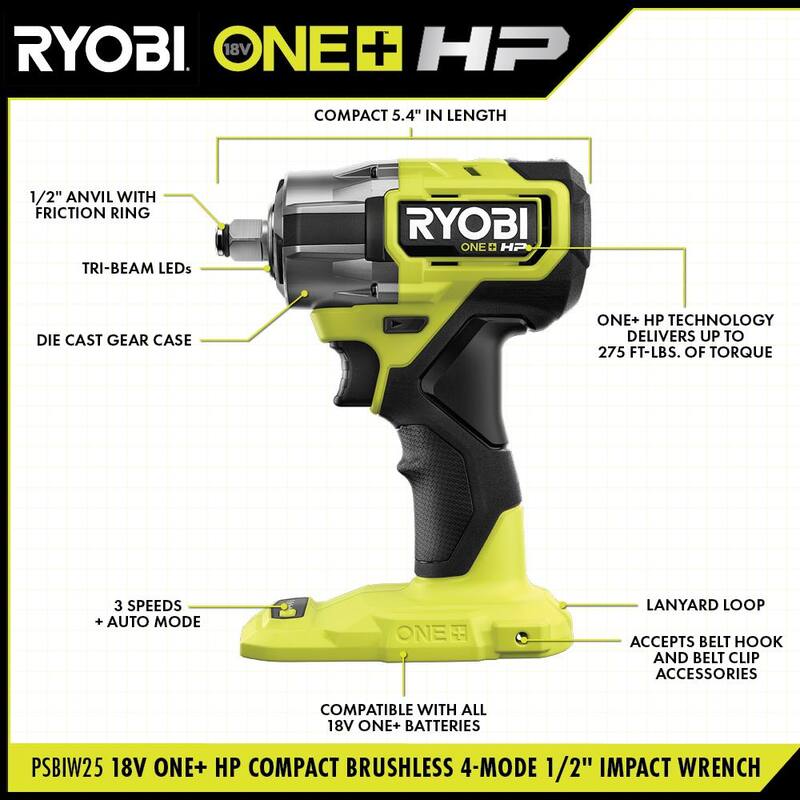 RYOBI ONE+ HP 18V Llave de Impacto Inalámbrica Brushless Compacta de 1/2 pulgadas con 4 Modos (Herramienta Únicamente) - PSBIW25B