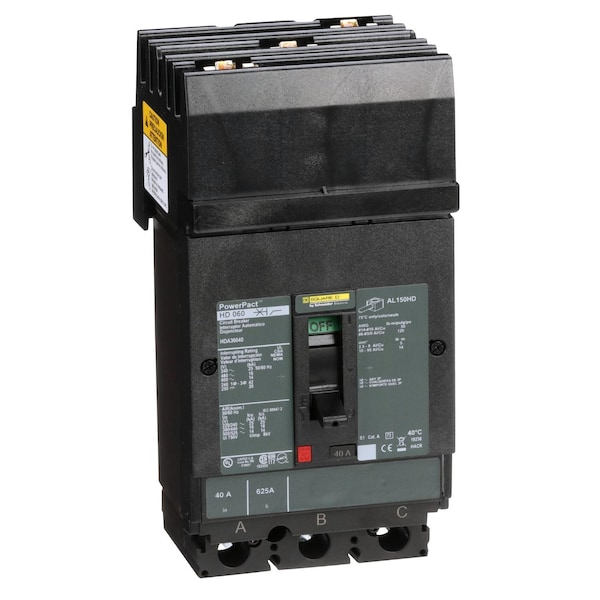 Square D Molded Case Circuit Breaker, HDA Series, 40A, 3 Pole, 600V AC, 25kA at 240V AC - HDA36040