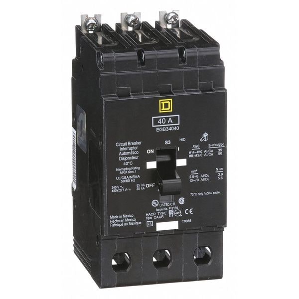 Square D Miniature Circuit Breaker, EGB Series, 40A, 3 Pole, 277/480V AC, 65kA at 120V AC - EGB34040