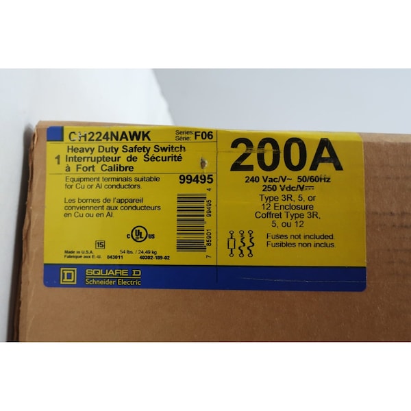 Interruptor de desconexión fusible cuadrado D DE SERVICIO PESADO 2P 200A AMP 240V-AC 250V-DC - CH224NAWK
