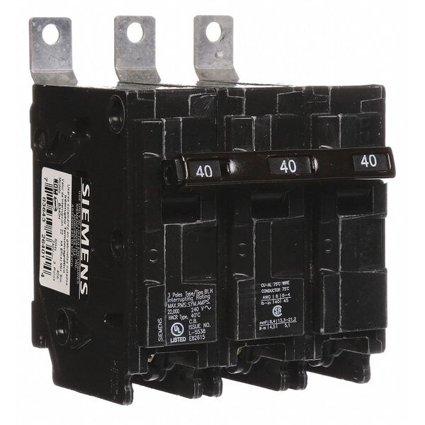 Siemens Miniature Circuit Breaker, BL Series, 40A, 3 Pole, 240V AC, 22kA at 120/240V AC - B340H