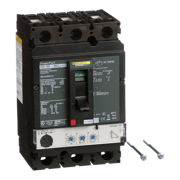 Square D Molded Case Circuit Breaker, HDL Series, 100A, 3 Pole, 600V AC, 25kA at 240V AC - HDL36100U31X