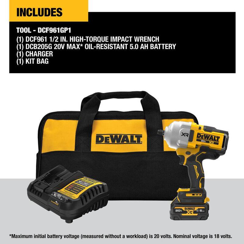 Llave de impacto inalámbrica sin escobillas DEWALT 20V MAX de 1/2 pulgadas con alto torque, kit con batería de 5Ah resistente al aceite y cargador - DCF961GP1