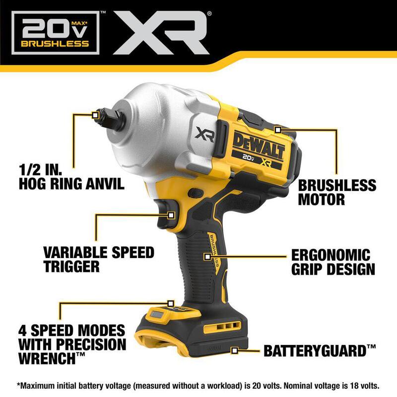 Llave de impacto inalámbrica sin escobillas DEWALT 20V MAX de 1/2 pulgadas con alto torque, kit con batería de 5Ah resistente al aceite y cargador - DCF961GP1