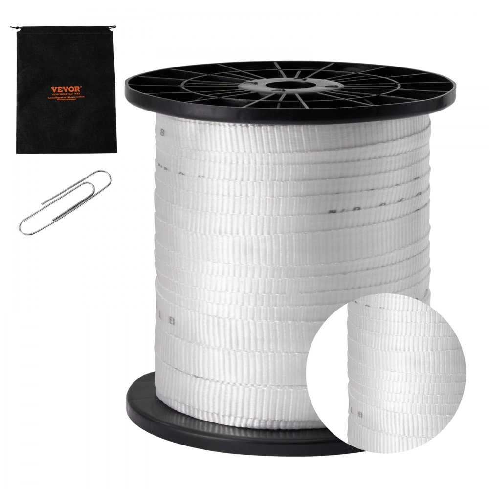 VEVOR Polyester Pull Tape, 3/4" x 318' Mule Tape Flat Rope, 2500 lbf Tensile Capacity, Printed Webbing Cable Pulling Tape for Packaging, Gardening, Commercial Electrical, Conduit Work, White - DLLDB97M19MMX2MR1V0