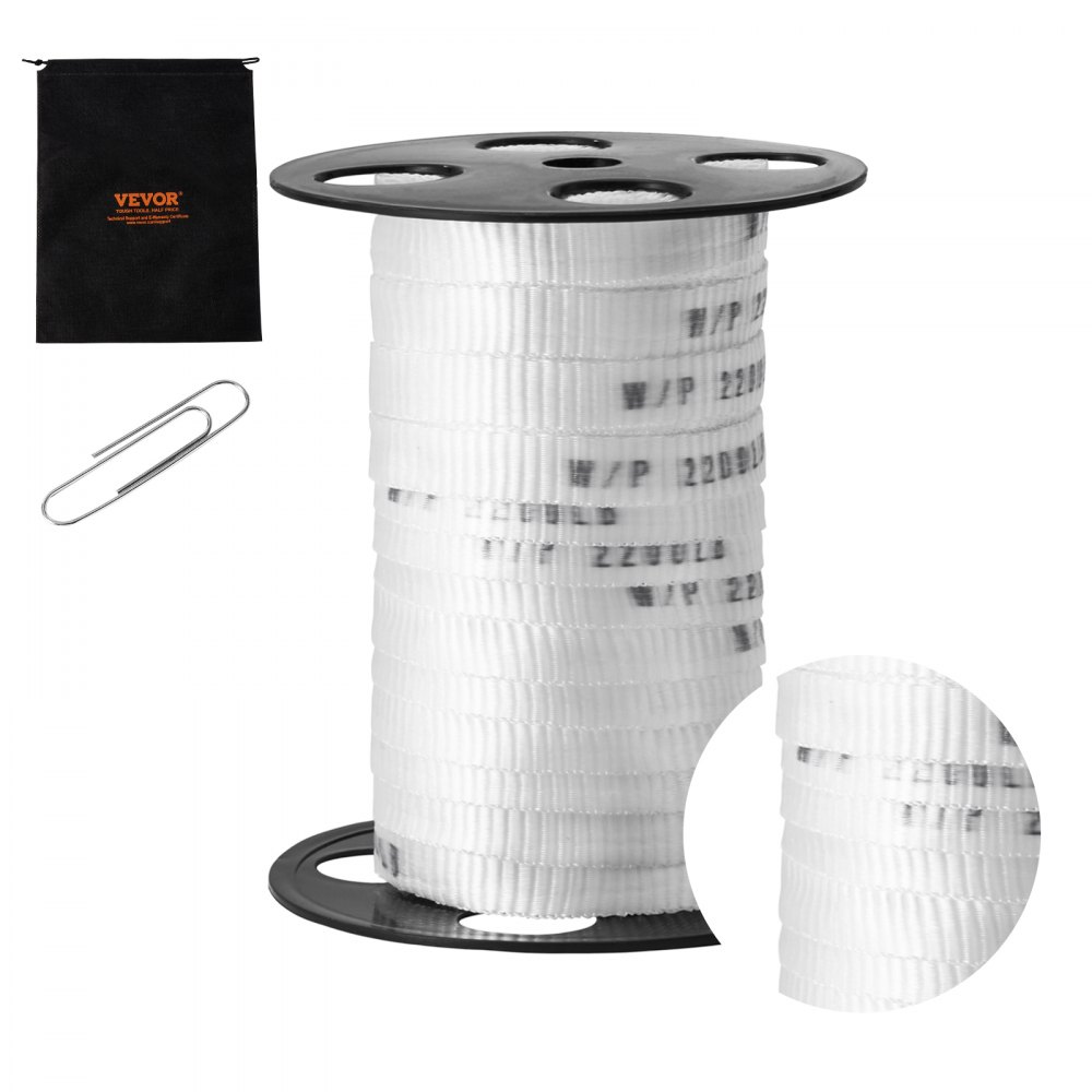 VEVOR Polyester Pull Tape, 5/8" x 108' Mule Tape Flat Rope, 2200 lbf Tensile Capacity, Printed Webbing Cable Pulling Tape for Packaging, Gardening, Commercial Electrical, Conduit Work, White - DLLDB33M159MXK8PTV0