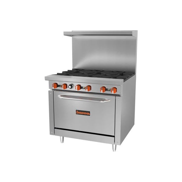 Mvp Group Corporation Sierra Range SR-6-36 - Restaurant Range, 6 Burners, Natural Gas, Oven, S/S, Cast Iron Burners - SR-6-36