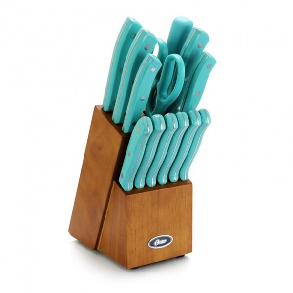 Oster Evansville Stainless Steel Blade Cutlery Set with Plastic Handles, Turquoise - 14 Piece - OS336118