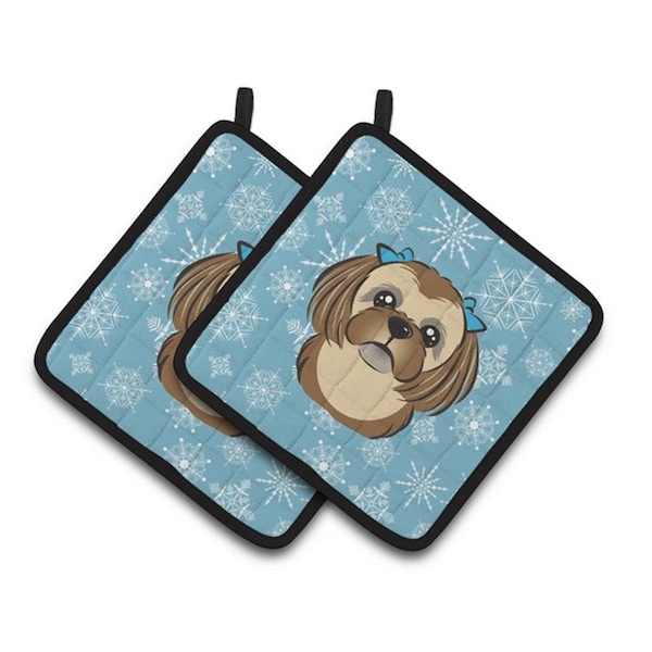 Carolines Treasures Snowflake Chocolate Brown Shih Tzu Pair of Pot Holders, 7.5 x 3 x 7.5 in. - BB1683PTHD