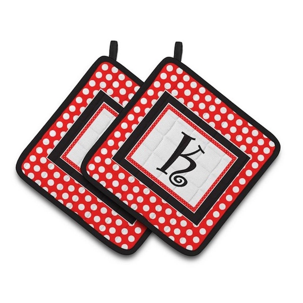 Carolines Treasures Letter K Initial Monogram Red Black Polka Dots Pair of Pot Holders, 7.5 x 3 x 7.5 in. - CJ1012-KPTHD