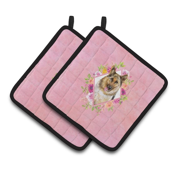 Carolines Treasures 7.5 x 7.5 in. German Shepherd No.1 Pink Flowers Pair of Pot Holders - CK4146PTHD