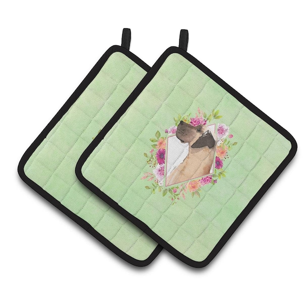 Carolines Treasures 7.5 x 7.5 in. Fawn Great Dane Green Flowers Pair of Pot Holders - CK4394PTHD