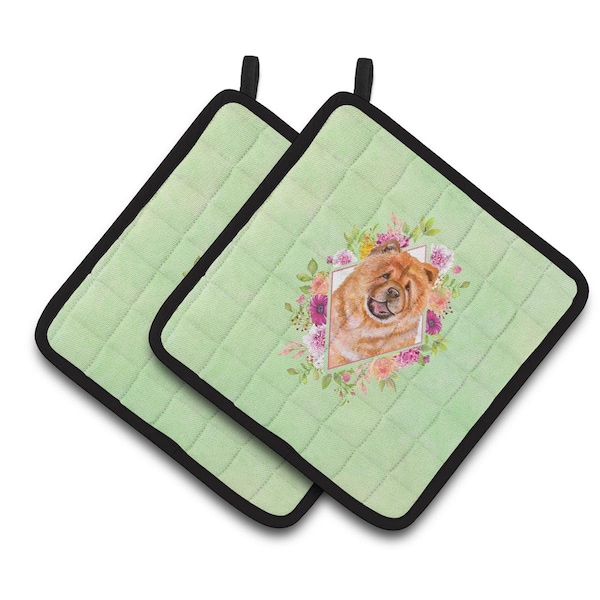 Carolines Treasures 7.5 x 7.5 in. Chow Chow No.1 Green Flowers Pair of Pot Holders - CK4291PTHD
