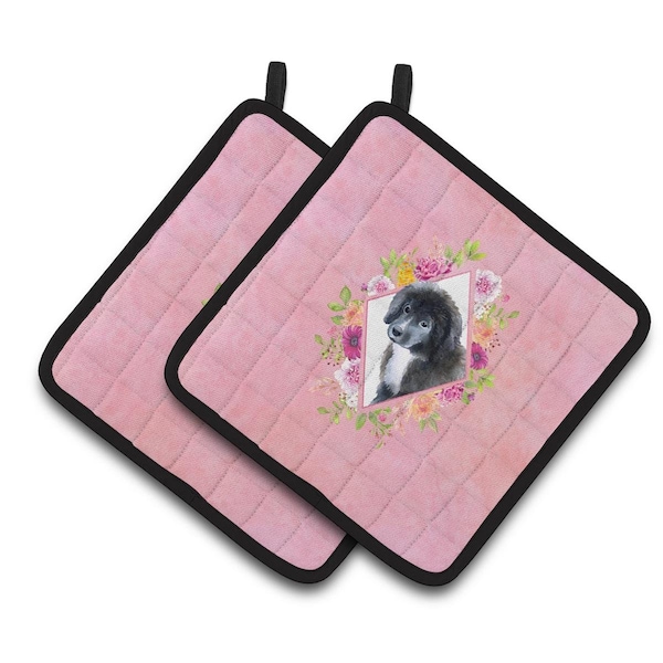 Carolines Treasures 7.5 x 7.5 in. Newfoundland Puppy Pink Flowers Pair of Pot Holders - CK4164PTHD