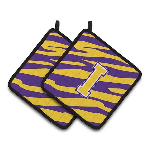 Carolines Treasures Letter I Monogram - Tiger Stripe - Purple Gold Pair of Pot Holders, 7.5 x 3 x 7.5 in. - CJ1022-IPTHD