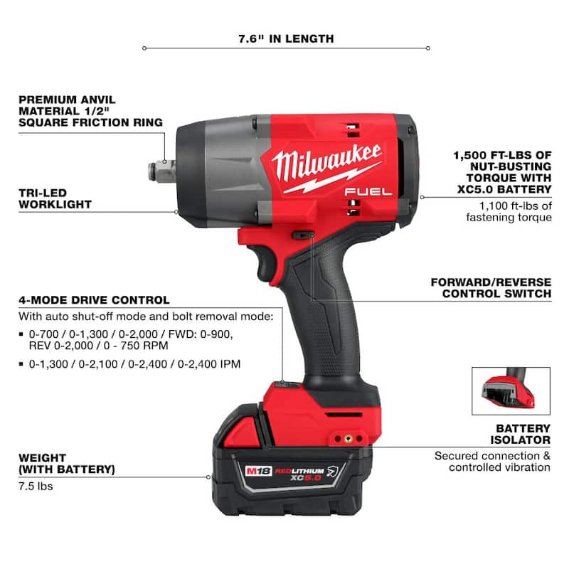 Llave de impacto inalámbrica sin escobillas de litio de 18 V Milwaukee M18 FUEL de 1/2 y 3/8 pulgadas con anillo de fricción, kit de dos herramientas - 2967-21B-2960-20.
