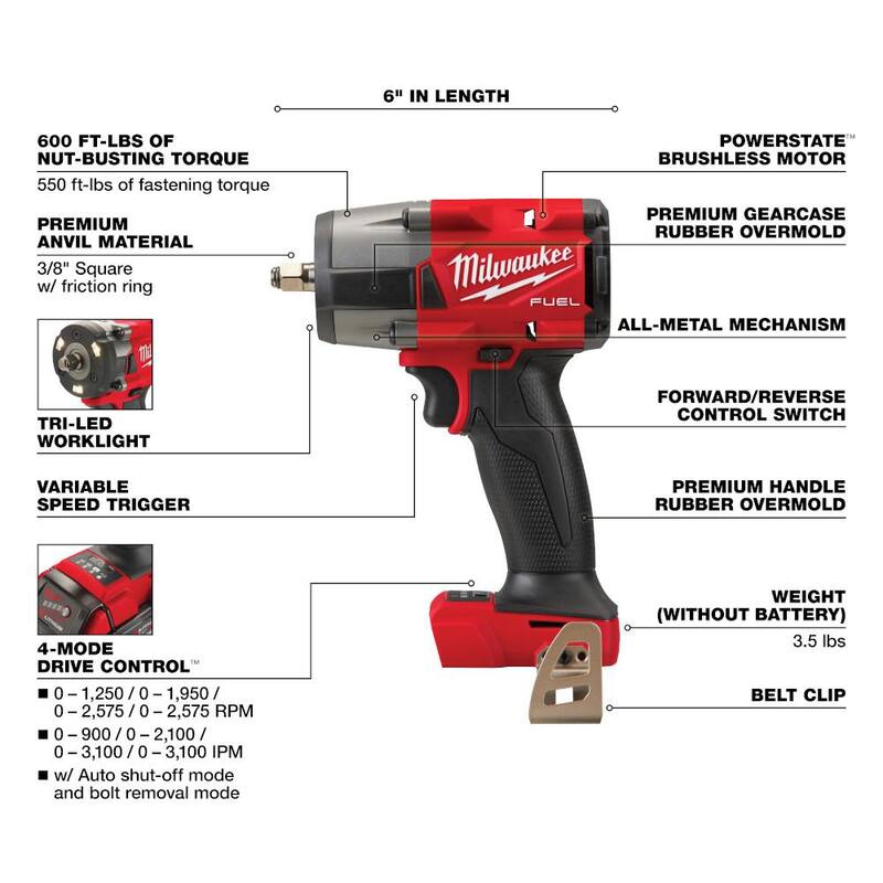 Llave de impacto inalámbrica sin escobillas de litio de 18 V Milwaukee M18 FUEL de 1/2 y 3/8 pulgadas con anillo de fricción, kit de dos herramientas - 2967-21B-2960-20.