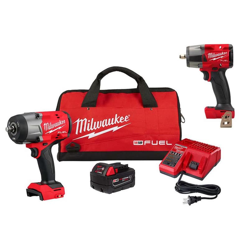 Llave de impacto inalámbrica sin escobillas de litio de 18 V Milwaukee M18 FUEL de 1/2 y 3/8 pulgadas con anillo de fricción, kit de dos herramientas - 2967-21B-2960-20.