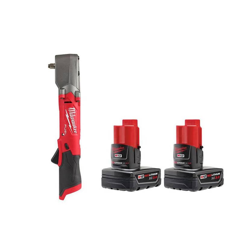 Llave de impacto angular derecha inalámbrica sin escobillas de 12V Milwaukee M12 FUEL con batería de iones de litio de 3/8 pulgadas y paquete de batería de 3.0 Ah (paquete de 2) - 2564-20-48-11-2412