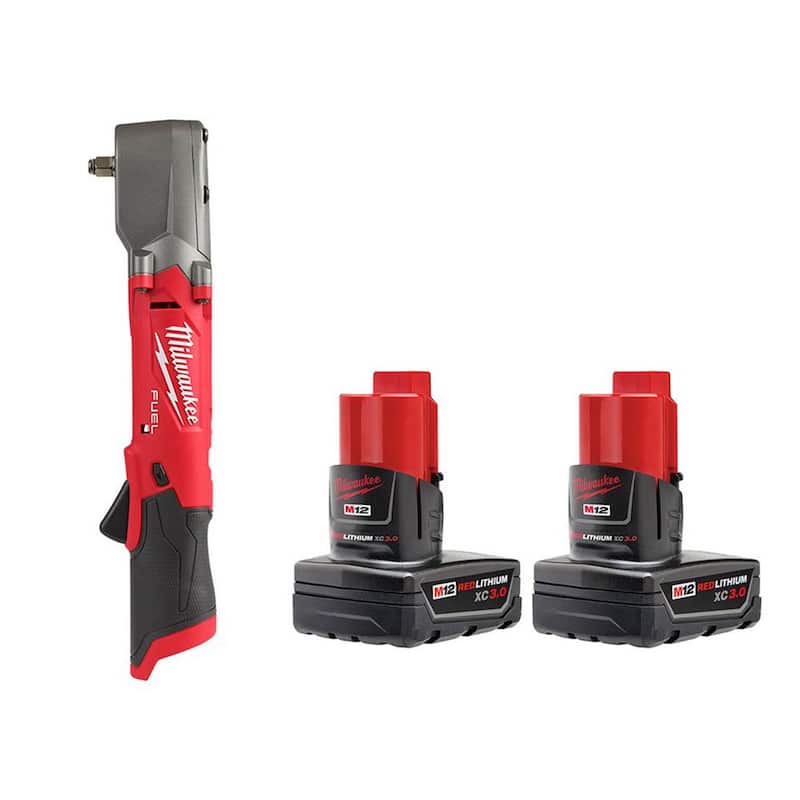 Llave de impacto angular derecha inalámbrica sin escobillas de 12V Milwaukee M12 FUEL con batería de iones de litio de 3/8 pulgadas y paquete de batería de 3.0 Ah (paquete de 2) - 2564-20-48-11-2412