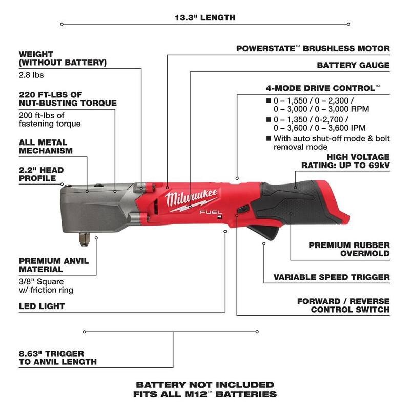 Llave de impacto angular derecha inalámbrica sin escobillas de litio de 12V Milwaukee M12 FUEL con paquete de baterías de 1.5 Ah (paquete de 2) - 2564-20-48-11-2411