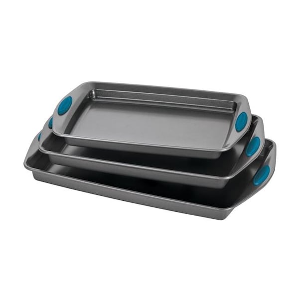 Rachael Ray Rachael Ray 47425 Nonstick Bakeware Cookie Pan Set - 3 Piece - Gray with Marine Blue Silicone Grips - 47425