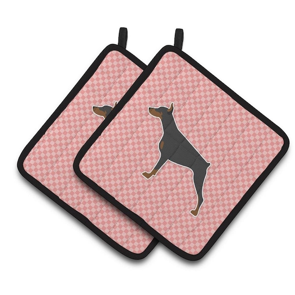 Carolines Treasures Doberman Pinscher Checkerboard Pink Pair of Pot Holders - BB3660PTHD