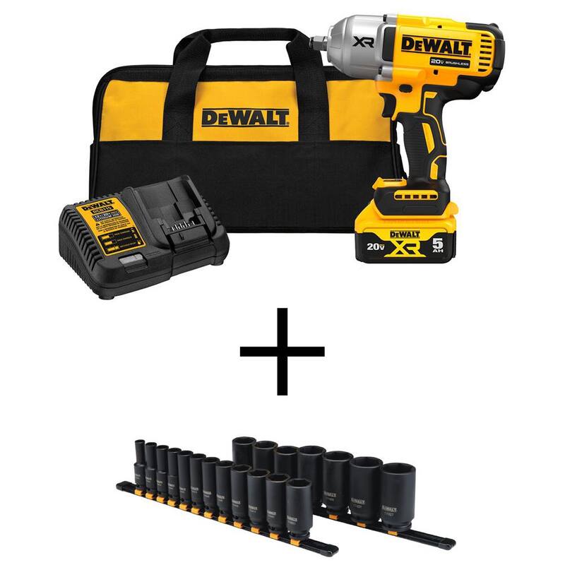 Juego de Llave de Impacto Inalámbrica DEWALT 20V MAX de Iones de Litio de 1/2 pulgadas con Juego de Llaves de Impacto Profundas SAE de 1/2 pulgadas (19 piezas) - DCF900P1WT19239