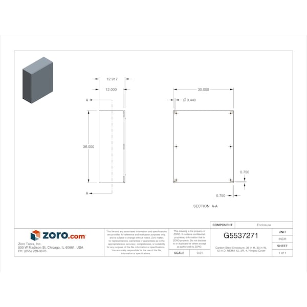 Wiegmann Carbon Steel Electrical Enclosures, 36 in H, 12 in D, 30 in W, NEMA 4, 12, Hinged - N412363012C
