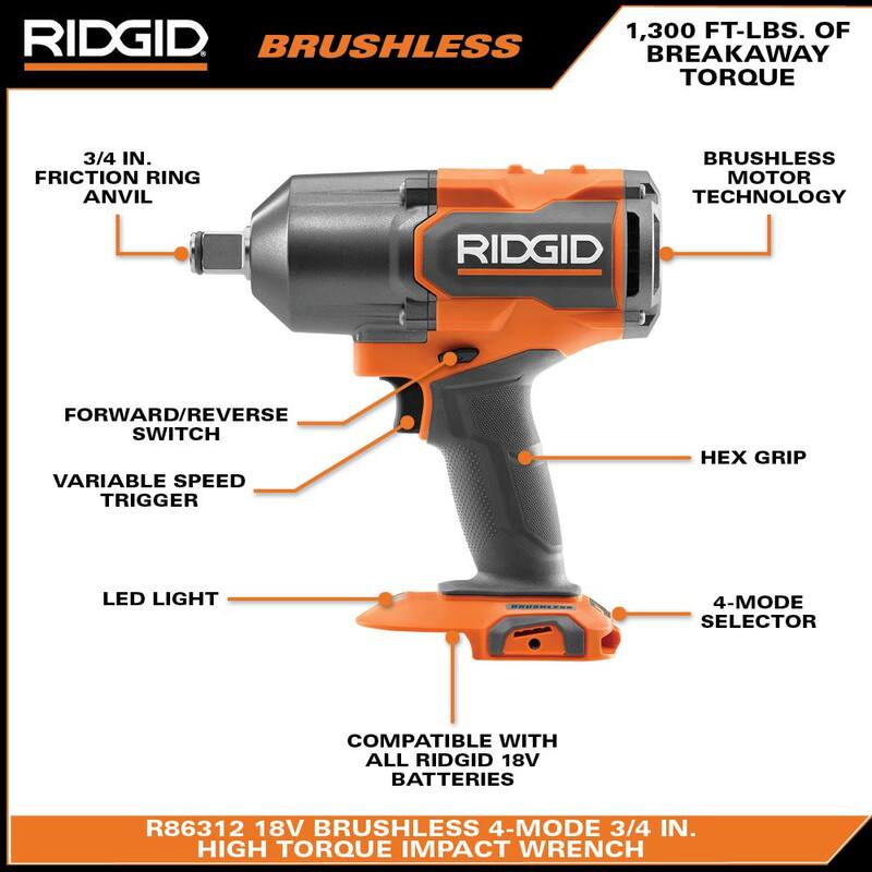 Llave de impacto de alto torque inalámbrica sin escobillas RIDGID de 18V 3/4 in (sólo herramienta) - R86312B