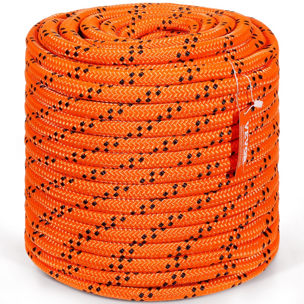 VEVOR Double Braided Polyester Rope, 3/4 in x 220 ft, 24 Strands, 20000 LBS Breaking Strength Outdoor Rope, Arborist Rigging Rope for Rock Hiking Camping Swing Rappelling Rescue, Orange/Black - HCCLSDL34INC4OPUHV0