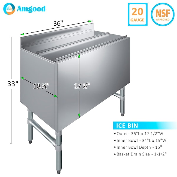 Amgood 18.5in x 36in. 33in. Stainless Steel Ice Chest with Sliding Lid. Large Ice Bin, NSF - ICE BIN FSIB-183615-Z
