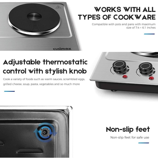 Cusimax 1800W Portable Double Hot Plate, Stainless Steel Countertop Cooktop, Silver - CMHP-C180S