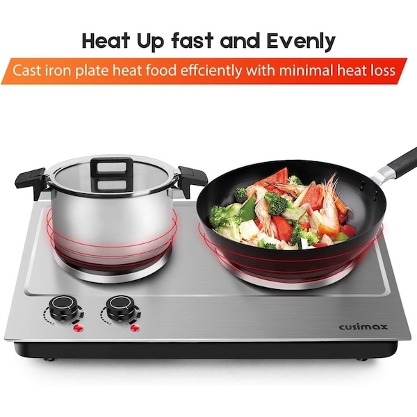 Cusimax 1800W Portable Double Hot Plate, Stainless Steel Countertop Cooktop, Silver - CMHP-C180S