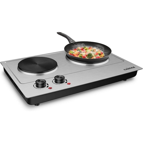 Cusimax 1800W Portable Double Hot Plate, Stainless Steel Countertop Cooktop, Silver - CMHP-C180S