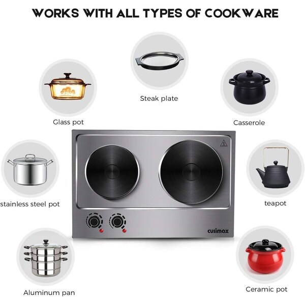Cusimax 1800W Portable Double Hot Plate, Stainless Steel Countertop Cooktop, Silver - CMHP-C180S