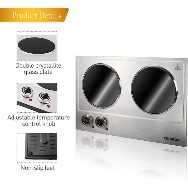 Cusimax 1800W Electric Double Burner, Cast Iron Hot Plate, Silver - CMHP-B201S