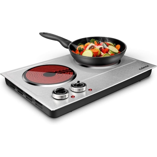 Cusimax 1800W Electric Double Burner, Cast Iron Hot Plate, Silver - CMHP-B201S