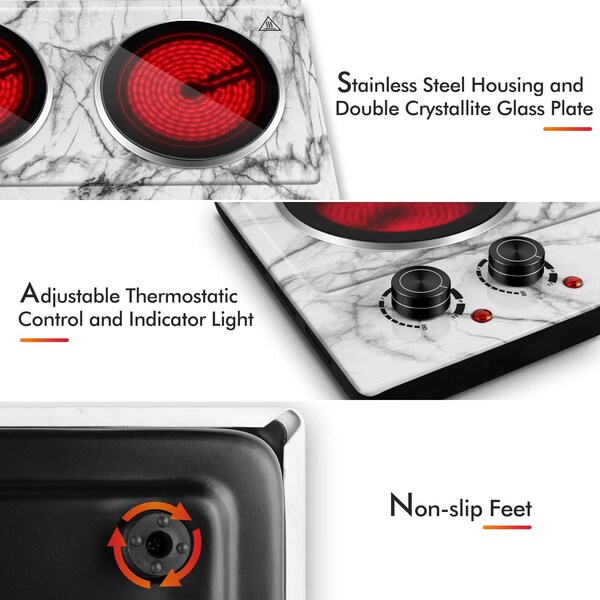 Cusimax Electric Double Hot Plate, Infrared Ceramic Electric Cooktopl, White Marble - CMIP-C180-WS